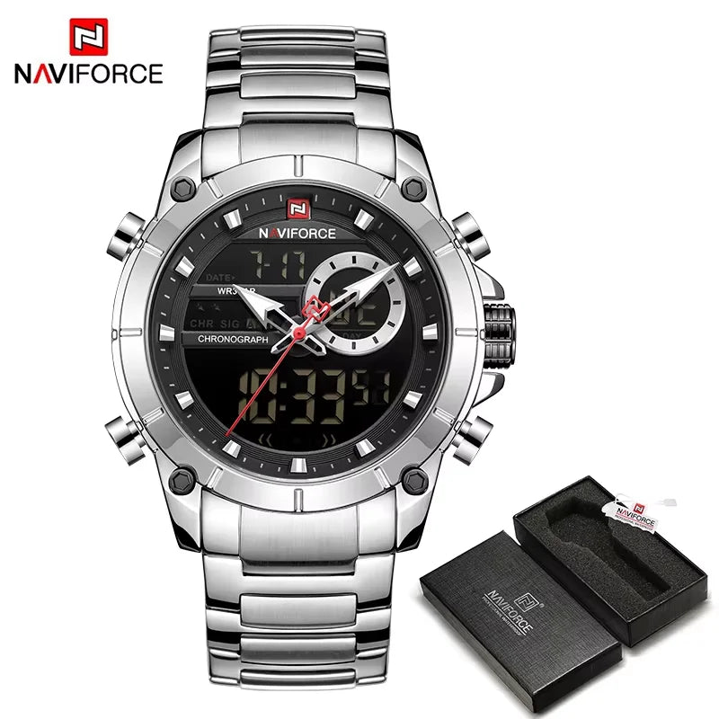 NAVIFORCE 9163 Luxury Original Sport Wrist Watch For Men Quartz Steel Waterproof Dual Display Military Watches Relogio Masculino Beauty World Shop