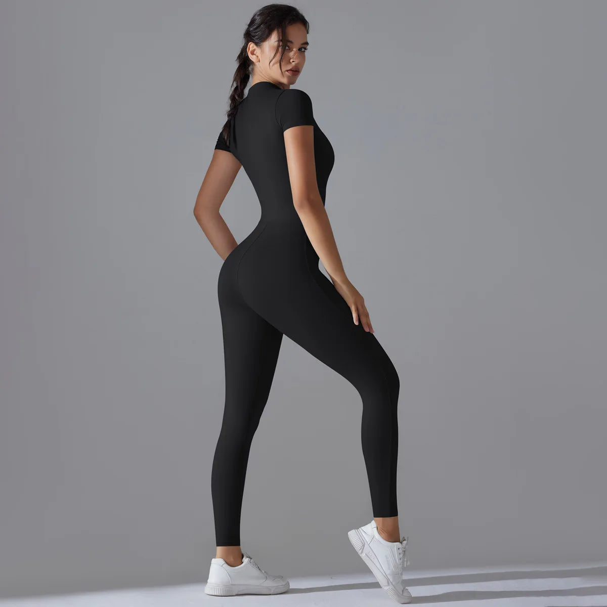 Naked zipper short sleeved yoga suit jumpsuit, quick drying breathable outdoor sports tight fitting jumpsuit, fitness suit Beauty World Shop
