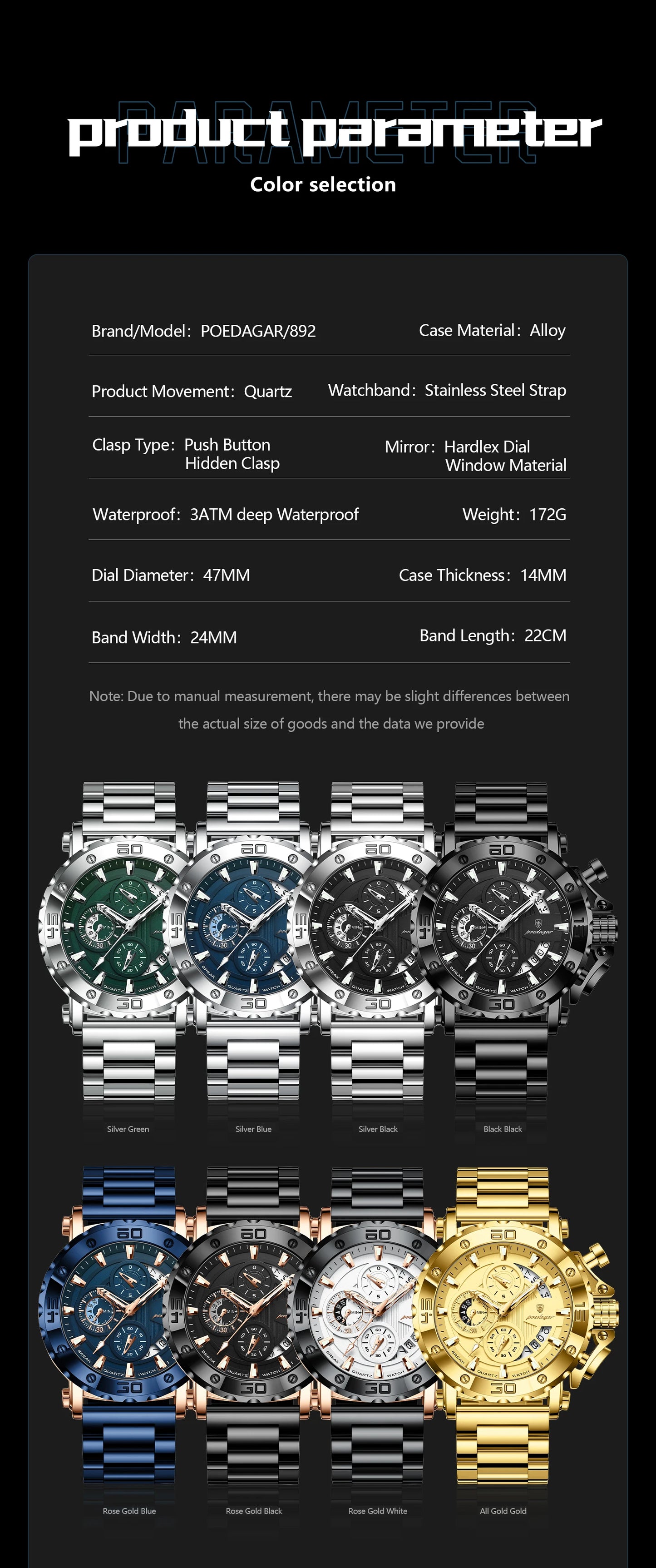 POEDAGAR Luxury Men's Watch Calendar Luminous Waterproof Man Clock Chronograph Stainless Steel Quartz Watches For Men Reloj Gift Beauty World Shop