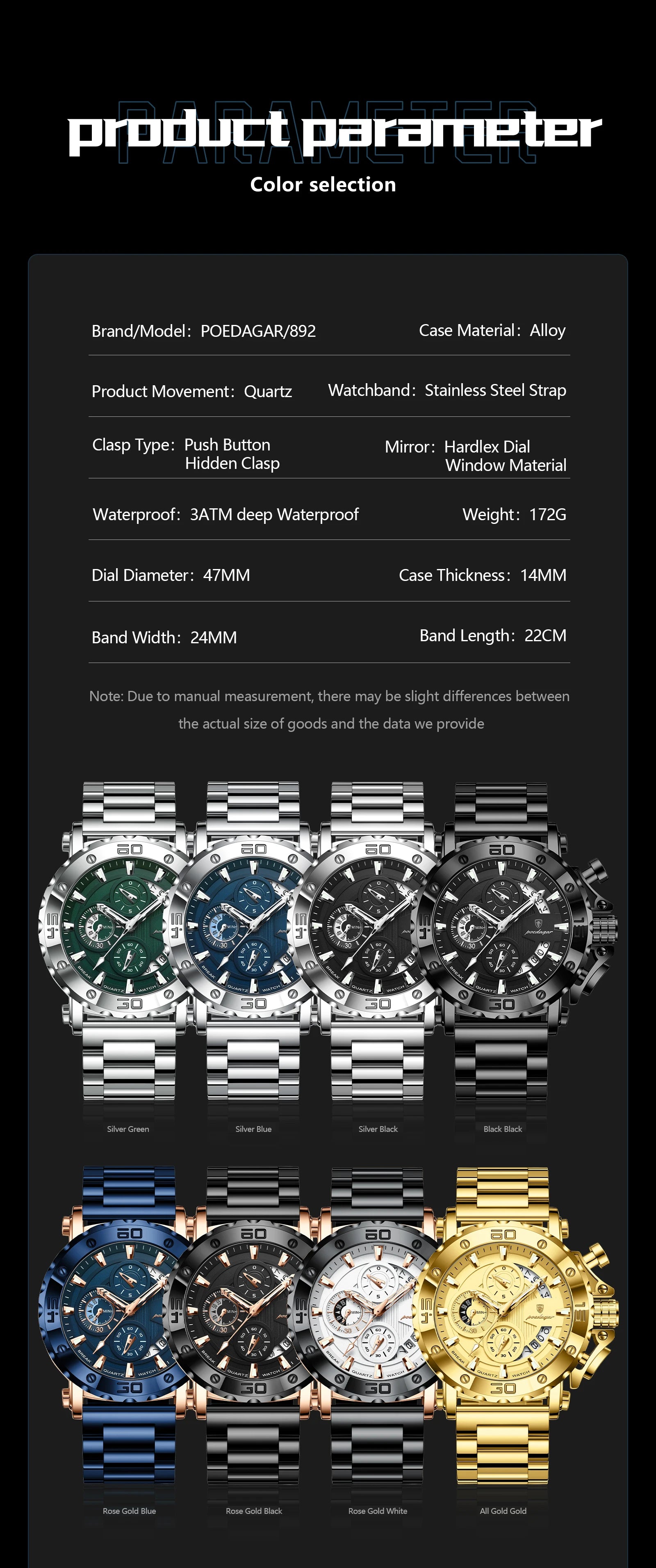 POEDAGAR Luxury Men's Watch Calendar Luminous Waterproof Man Clock Chronograph Stainless Steel Quartz Watches For Men Reloj Gift Beauty World Shop