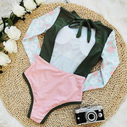 New Patchwork One-Piece Swimsuit Long Sleeve Swimwear Sports Backless Women's Swimming Bathing Suit Beach Wear Bather Surfing Beauty World Shop
