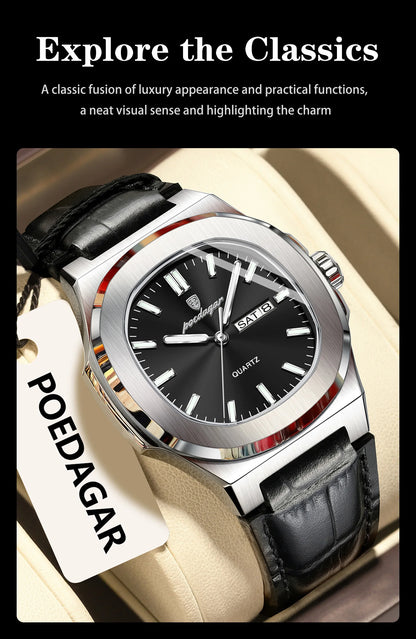 POEDAGAR Square Wristwatch For Men Luminous Waterproof Week Calendar Luxury Man Clock Leather Quartz Fashion Men's Watches Reloj Beauty World Shop