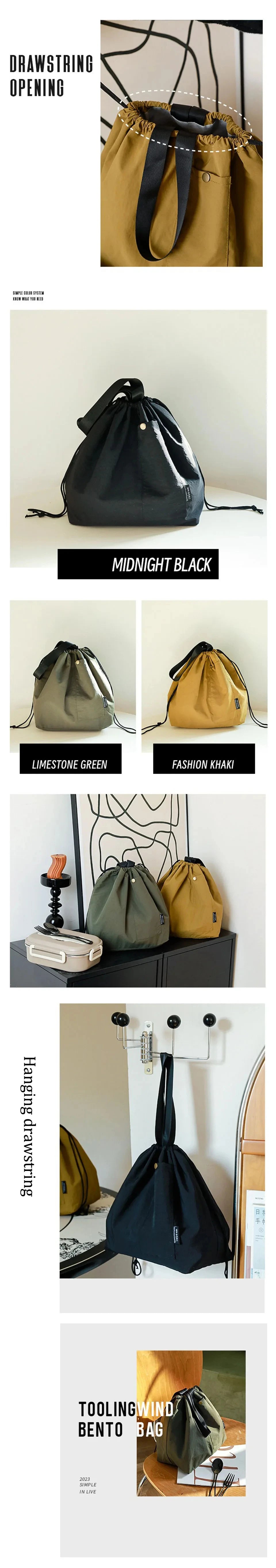 Japanese Korean Lunch Bag Cotton Canvas Large Solid Color Drawstring Portable Thermal Insulated Picnic Storage Bento Box Bag Beauty World Shop