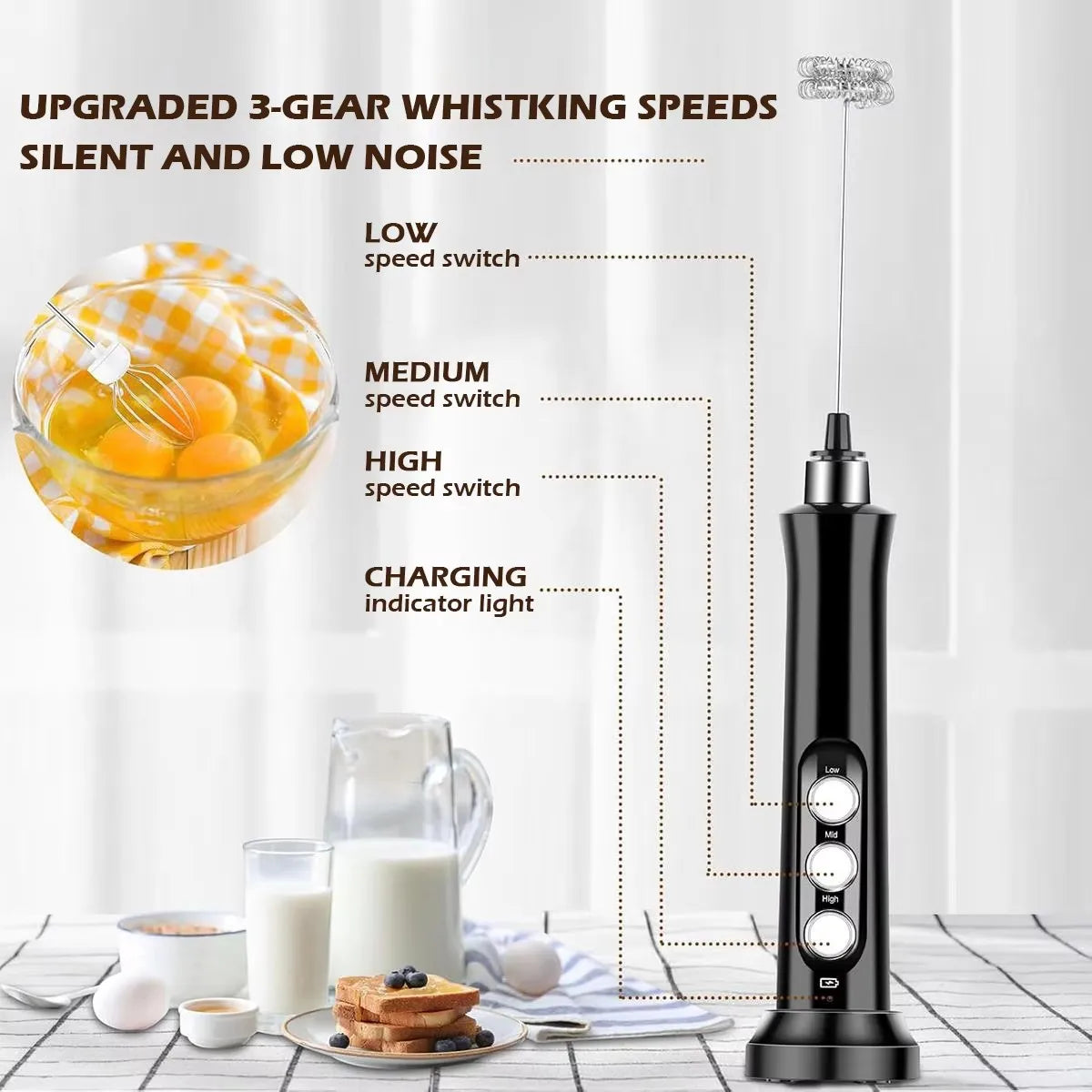Wireless Rechargeable Electric Milk Frother - 3 Speeds, Handheld Foam Maker for Latte, Cappuccino, Hot Chocolate - USB Rechargea Beauty World Shop