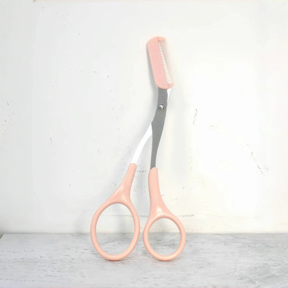Pink eyebrow trimming scissors with built-in comb - stainless steel, precise grooming tool, creating perfect eyebrows Beauty World Shop