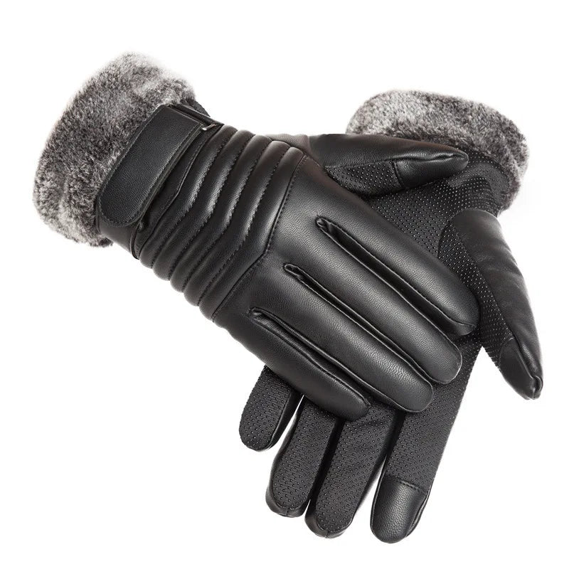 Gloves Winter MEN'S Fur Mouth Plush Insulation Gloves Outdoor Cycling Motorcycle PU Touch Screen Cotton Gloves Beauty World Shop