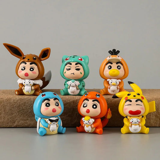 6pcs/set Crayon Shin-chan COS Pokemon Psyduck Pikachu Eevee Charmander Bulbasaur Squirtle Anime Figure Cute Doll Model Toys Beauty World Shop