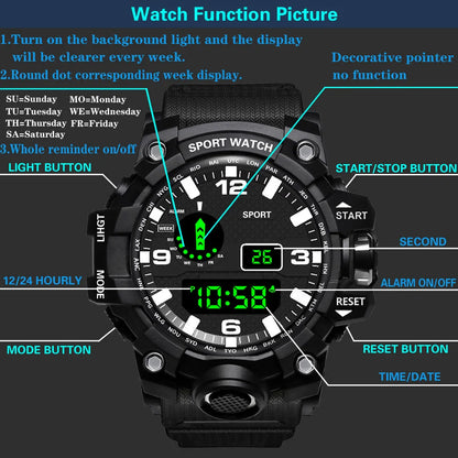 Fashion Men's Watch Sports Electronic Wristwatch Large dial Multifunctional Waterproof Luminous Alarm Kids Male's Military Watch Beauty World Shop