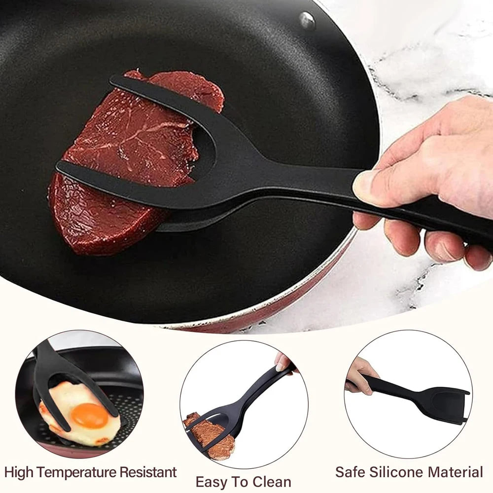 New 2 in 1 Grip Flip Spatula Tongs Egg Flipper Spatula Nylon Non Stick Coating Pancake Fish French Toast Omelet Making Tool Beauty World Shop