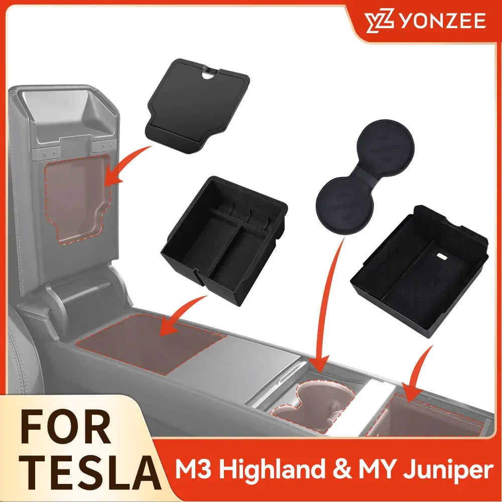 For Tesla Model 3 Y Highland Juniper 2026 Center Armrest Hidden Storage Box Cup Holder Console Organizer Box Accessories Beauty World Shop
