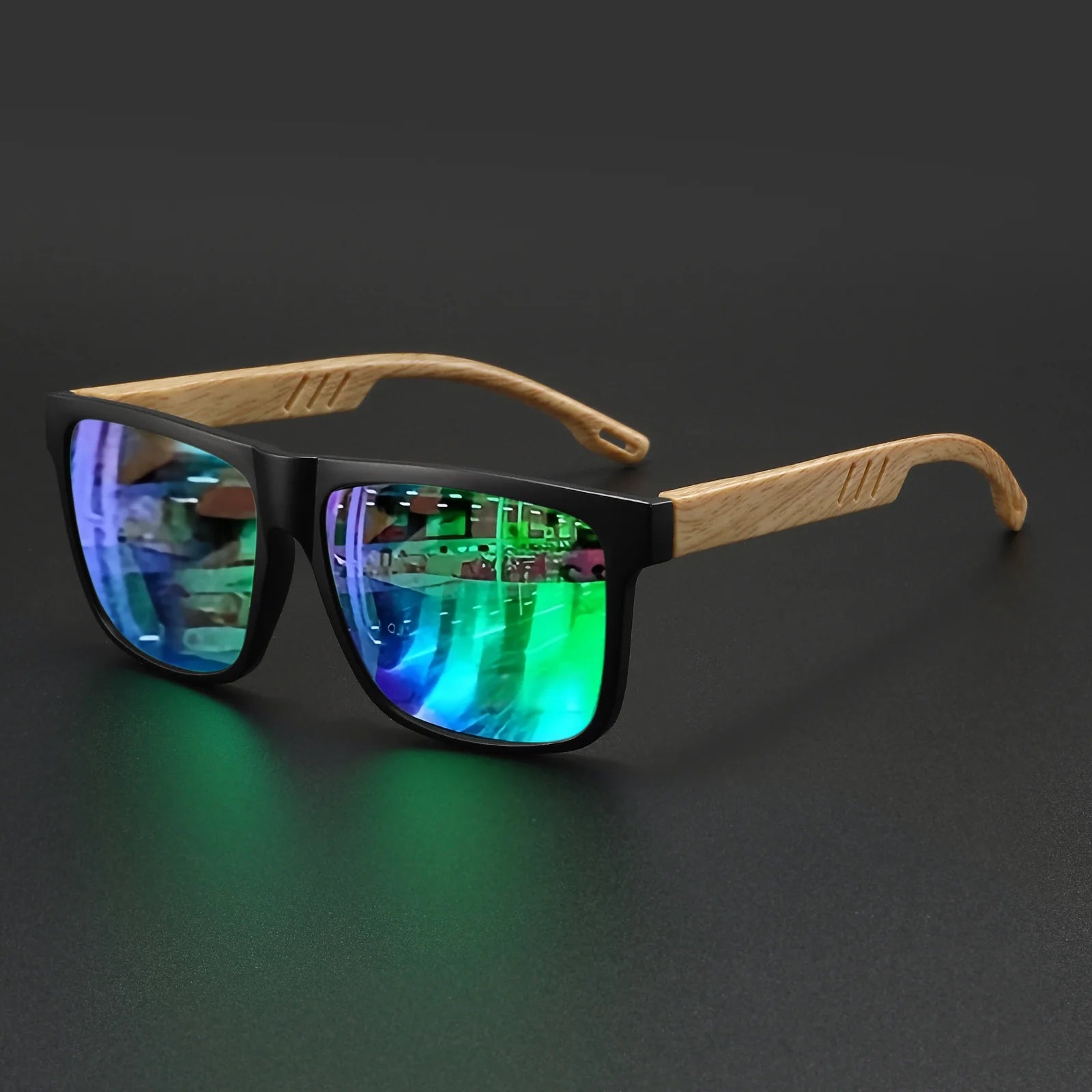 New Fashion Square Sunglasses - Wood Grain Spring Hinge, UV400 Unisex for Driving, Hiking & Travel Beauty World Shop