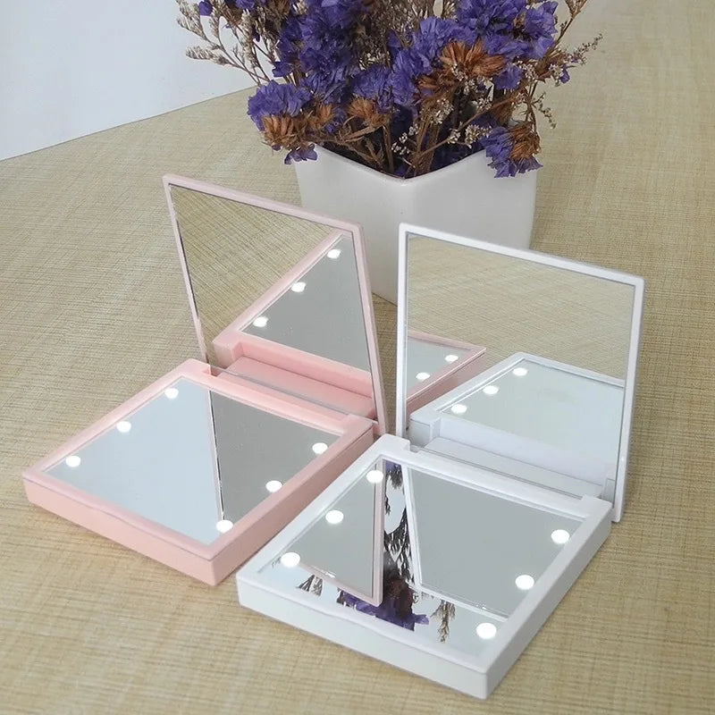 6 Led Makeup Mirror With Light  Magnifying Small Pocket Portable Travel Pink Black White Foldable Cosmetics Vanity Mirrors Beauty World Shop
