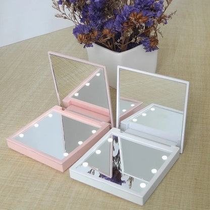 6 Led Makeup Mirror With Light  Magnifying Small Pocket Portable Travel Pink Black White Foldable Cosmetics Vanity Mirrors Beauty World Shop