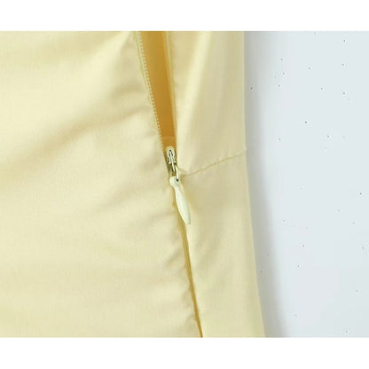 YENKYE Sexy Elegant Women Fishbone Waist Shaping Sling Mini Dress Lace Up Back Fit And Flare  Summer Party Dresses Yellow Robe Beauty World Shop