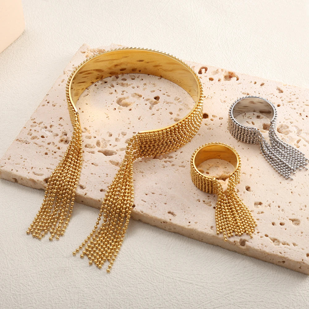 JOVO LOVE Stainless Steel Chain Tassel Finger Ring Adjustable Golden High Quality Charm Open Rings Stylish Waterproof Jewelry Beauty World Shop