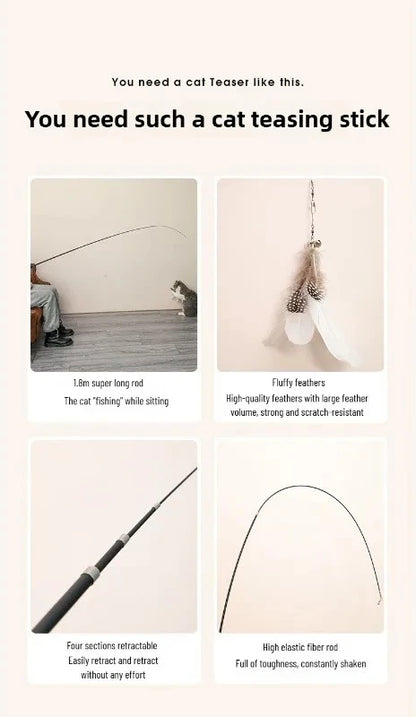 Extended telescopic cat stick Cat Toys 1.8m Scratch Resistant Pet Accessories Telescopic Fishing Rod with Feather for Active Cat