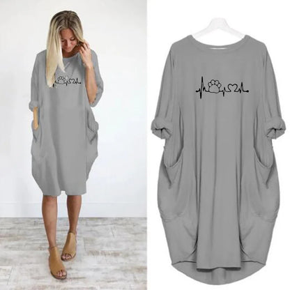 Women's Loose  Long Sleeved Summer Plus Size Dress Autumn  Winter Casual Round Neck Solid Color Long Sleeve Pocket Loose Pullove Beauty World Shop