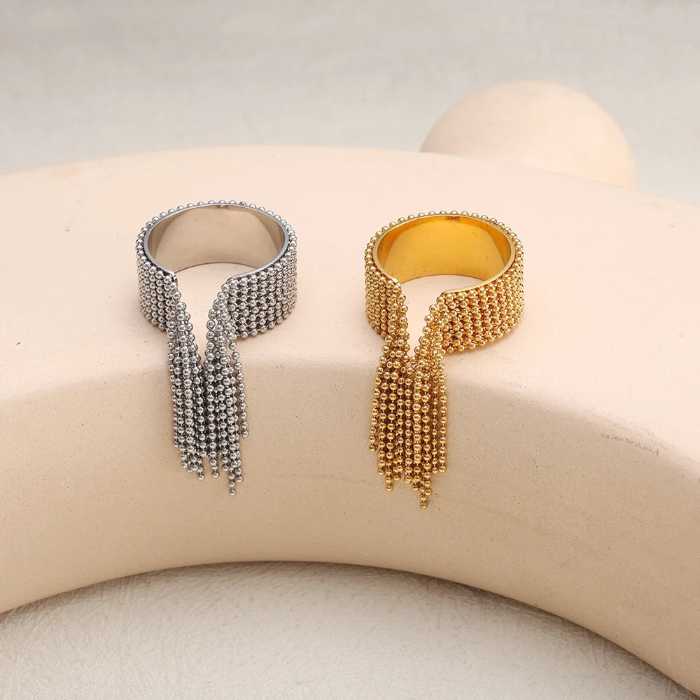 JOVO LOVE Stainless Steel Chain Tassel Finger Ring Adjustable Golden High Quality Charm Open Rings Stylish Waterproof Jewelry Beauty World Shop
