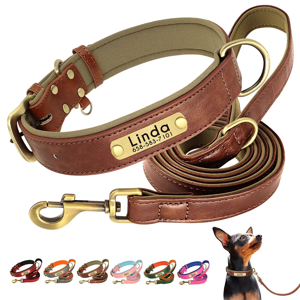 Customized Leather Dog Collar Leash Set Soft Padded Leather Collar For Small Medium Large Dogs With Free Engraved Nameplate Beauty World Shop