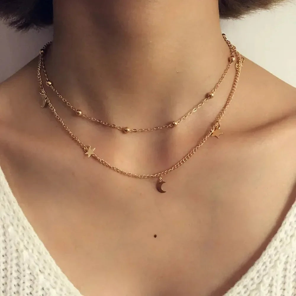 2025 New Fashion 2 Layer Star Moon Clavicle Chain Choker Necklace For Women Girl Party Jewelry Birthday Gifts Beauty World Shop