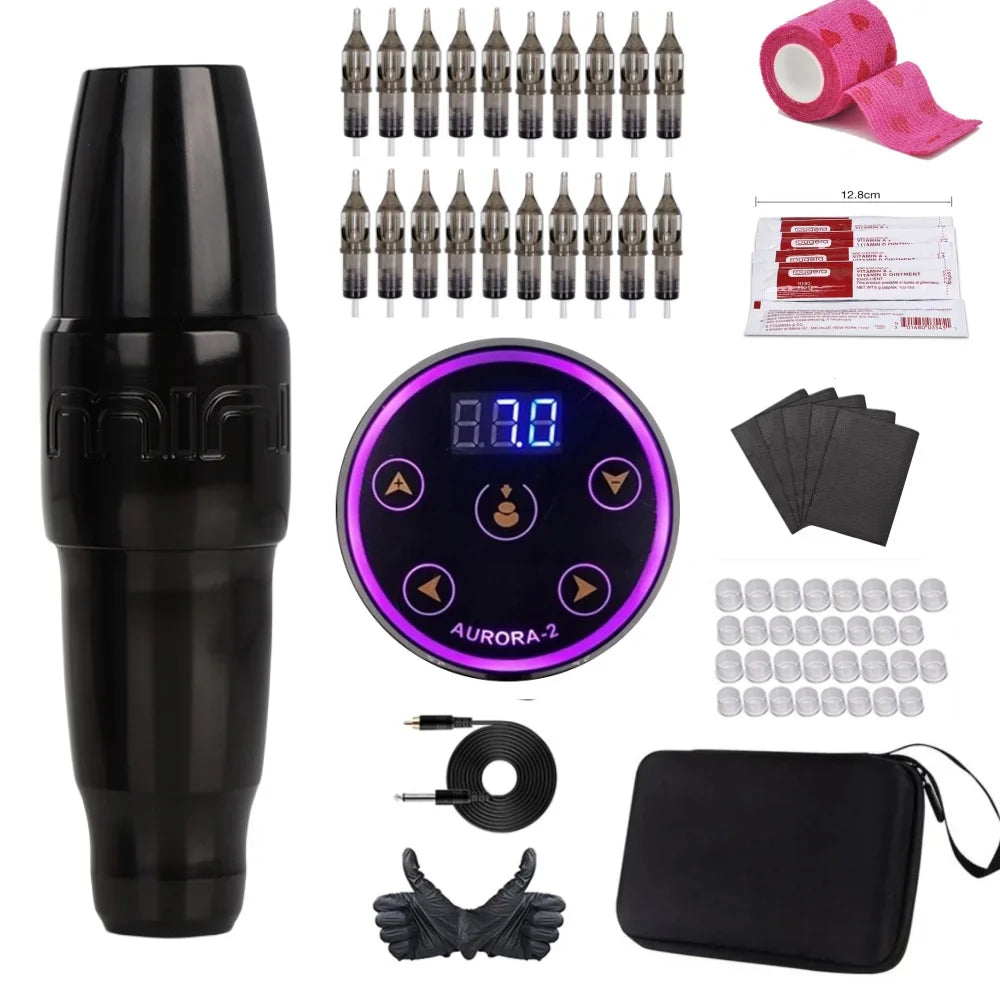 FK Mini PMU Coreless Motor Tattoo Machine Kit  with LCD AURORA 2 Power Supplies 20Pcs RL RM  PMU Cartridge Needles Beauty Trend Shop