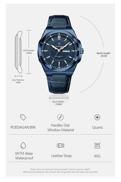 POEDAGAR Fashion Brand Man Wristwatch Waterproof Luminous Date Week Quartz Luxury Men's Watches Leather Business Men Watch Reloj Beauty World Shop