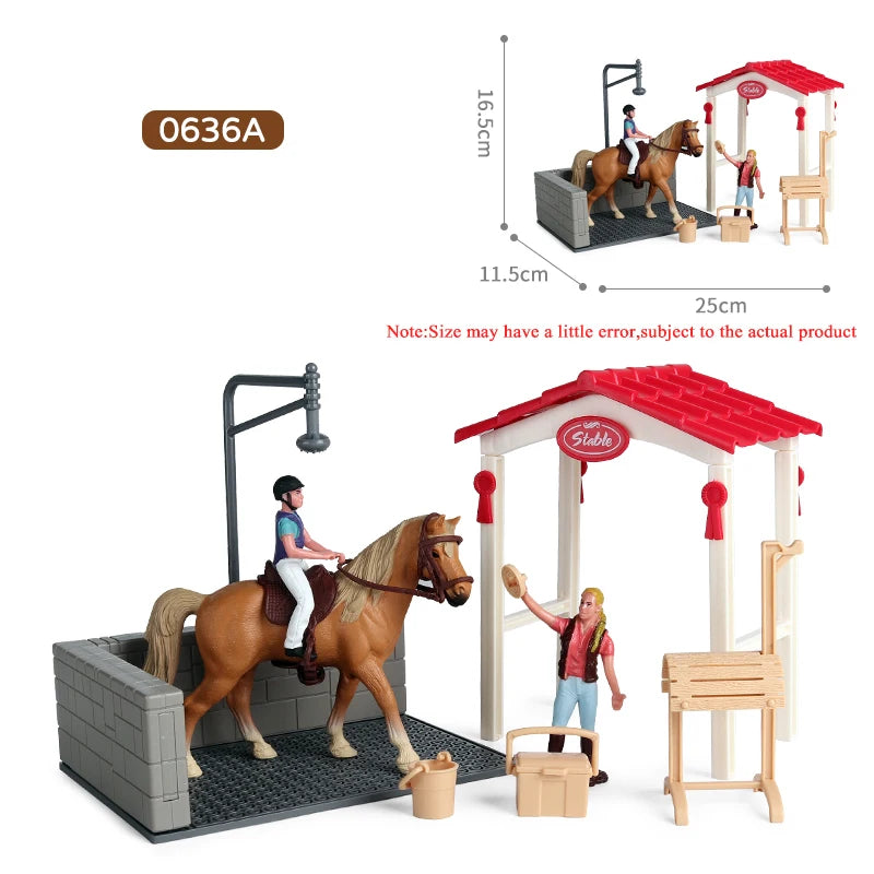 Oenux Farm Stable House Model Action Figures Emulational Horseman Horse Animals Playset Figurine Cute Educational Kids Toy Gift Beauty World Shop