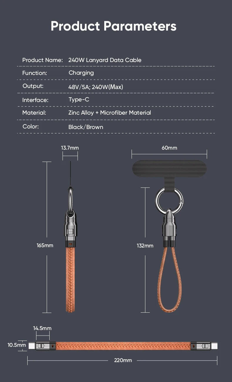 240W Mobile Fast Charging Cable Type-C to USB-C Keychain Anti Loss Hanging Rope 48V5A Short Line Laptop Tablet Charging Cable Beauty World Shop