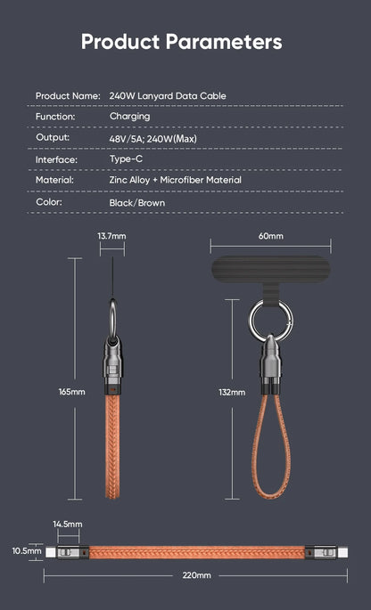 240W Mobile Fast Charging Cable Type-C to USB-C Keychain Anti Loss Hanging Rope 48V5A Short Line Laptop Tablet Charging Cable Beauty World Shop