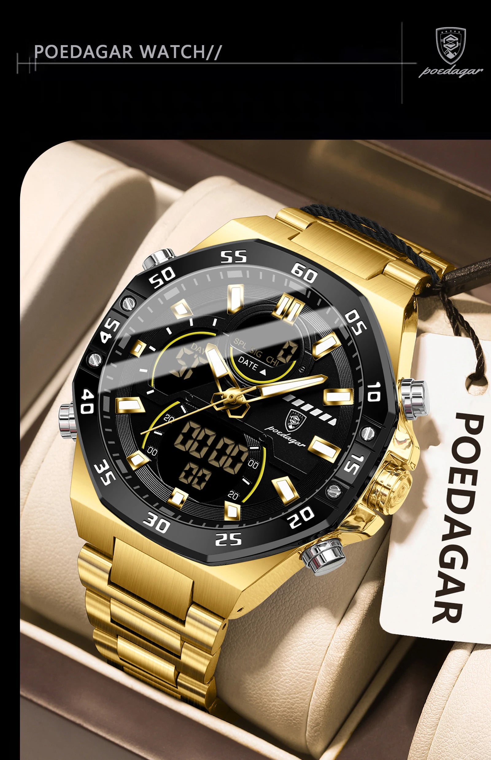 POEDAGAR Top Men Clock LED Luminous Waterproof Week Date Military Man Wristwatch Electronic Stainless Steel Quartz Men's Watches Beauty World Shop