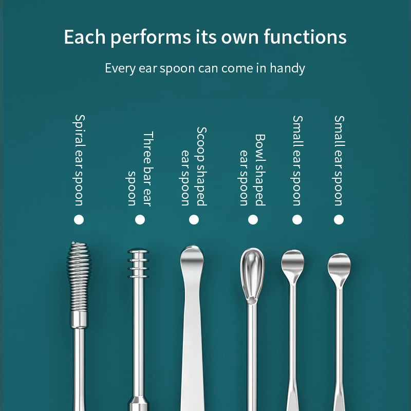 6Pcs/Set Ear Wax Pickers Stainless Steel Earpick Wax Remover Curette Ear Pick Cleaner Ear Cleaner Spoon Care Ear Clean Tool Beauty World Shop