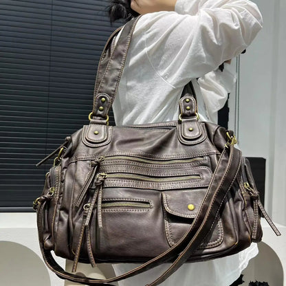 Y2K Hot Girl Single Shoulder Crossbody Bag Vintage Washed Leather Motorcycle Bag Large Capacity Multi Pocket Bag Beauty World Shop