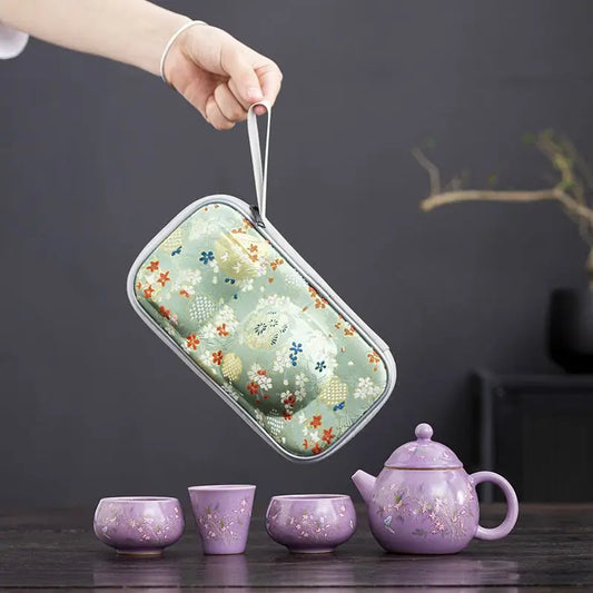 1 Pot 3 Cups Tea Set Purple Ru Kiln Outdoor Portable Travel Tea Set, Ceramic Quick Guest Cup Home Accessories Store