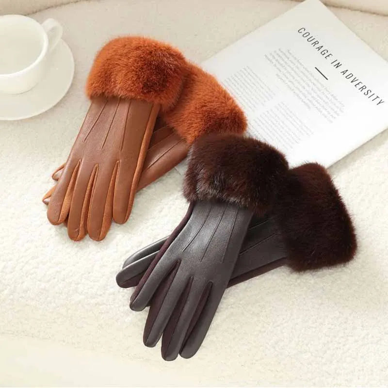 Winter Luxury Women's PU Leather Gloves Wrist Soft Faux Fur Trim Cuff Fashion Elegant Party Warm Touch Screen Drive Cycling Beauty World Shop