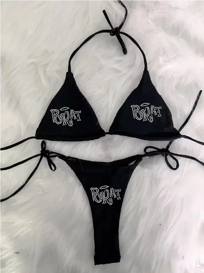 2000s Woman Punk New Beach Swimwear gothic clothes BRAT Rhinestone printing Grunge Swimsuit Bikini Y2K Bathing Suits Lace Up ﻿ Beauty World Shop