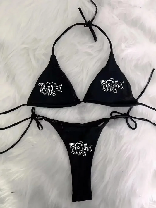 2000s Woman Punk New Beach Swimwear gothic clothes BRAT Rhinestone printing Grunge Swimsuit Bikini Y2K Bathing Suits Lace Up ﻿ Beauty World Shop