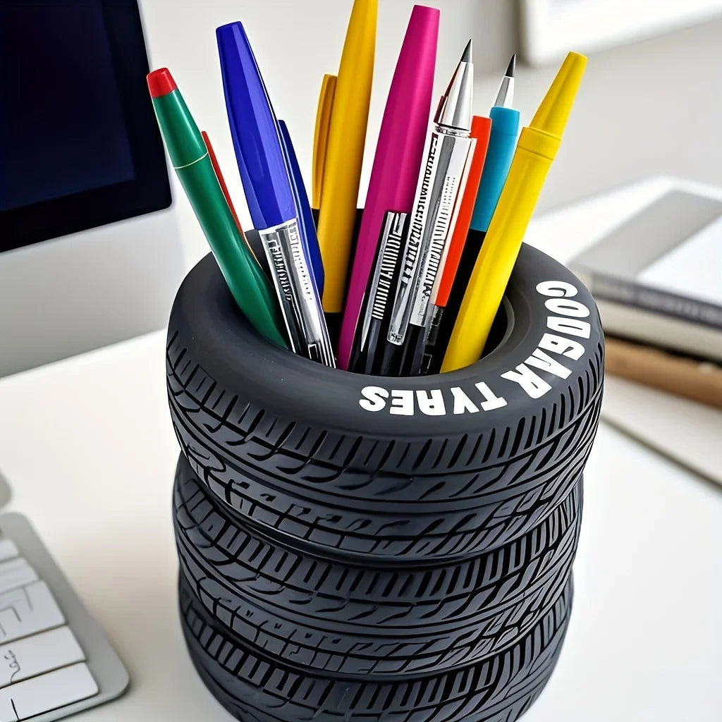 1pcs Fun Tire-Shaped Pen Holder -PVC Desk Organizer, Ideal for School and Office Supplies, Painted Finish, Office Supplies Beauty World Shop