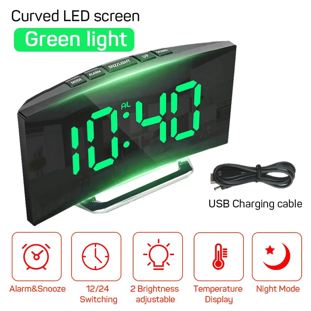 Creative Curved Electronic Clock, LED Large Screen Plug-in Battery Dual-purpose Mirror Alarm Clock, Student Bedroom Dedicated Beauty World Shop