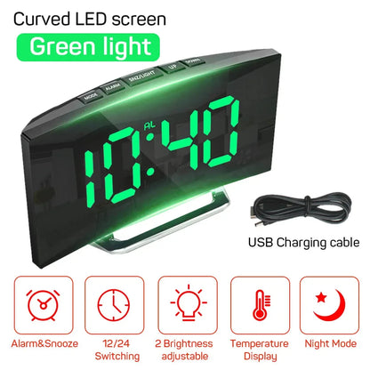 Creative Curved Electronic Clock, LED Large Screen Plug-in Battery Dual-purpose Mirror Alarm Clock, Student Bedroom Dedicated Beauty World Shop