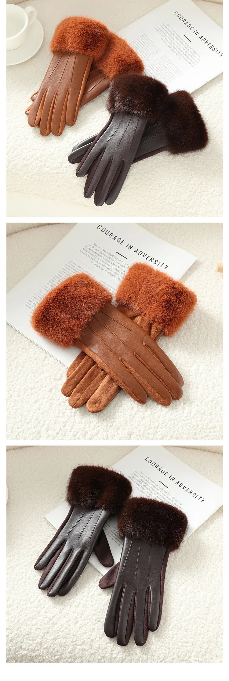Winter Luxury Women's PU Leather Gloves Wrist Soft Faux Fur Trim Cuff Fashion Elegant Party Warm Touch Screen Drive Cycling Beauty World Shop