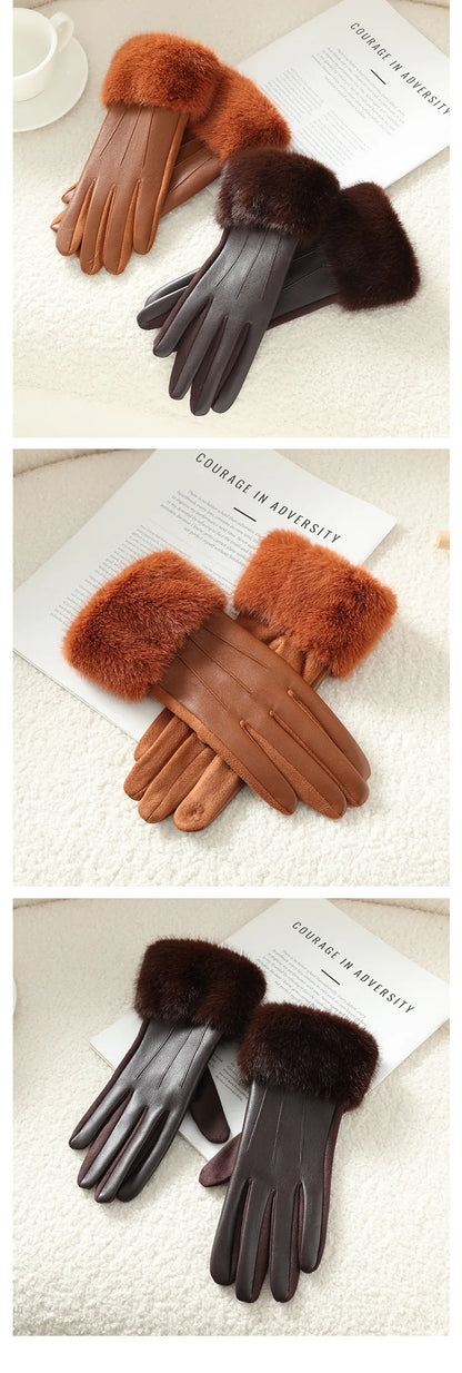 Winter Luxury Women's PU Leather Gloves Wrist Soft Faux Fur Trim Cuff Fashion Elegant Party Warm Touch Screen Drive Cycling Beauty World Shop