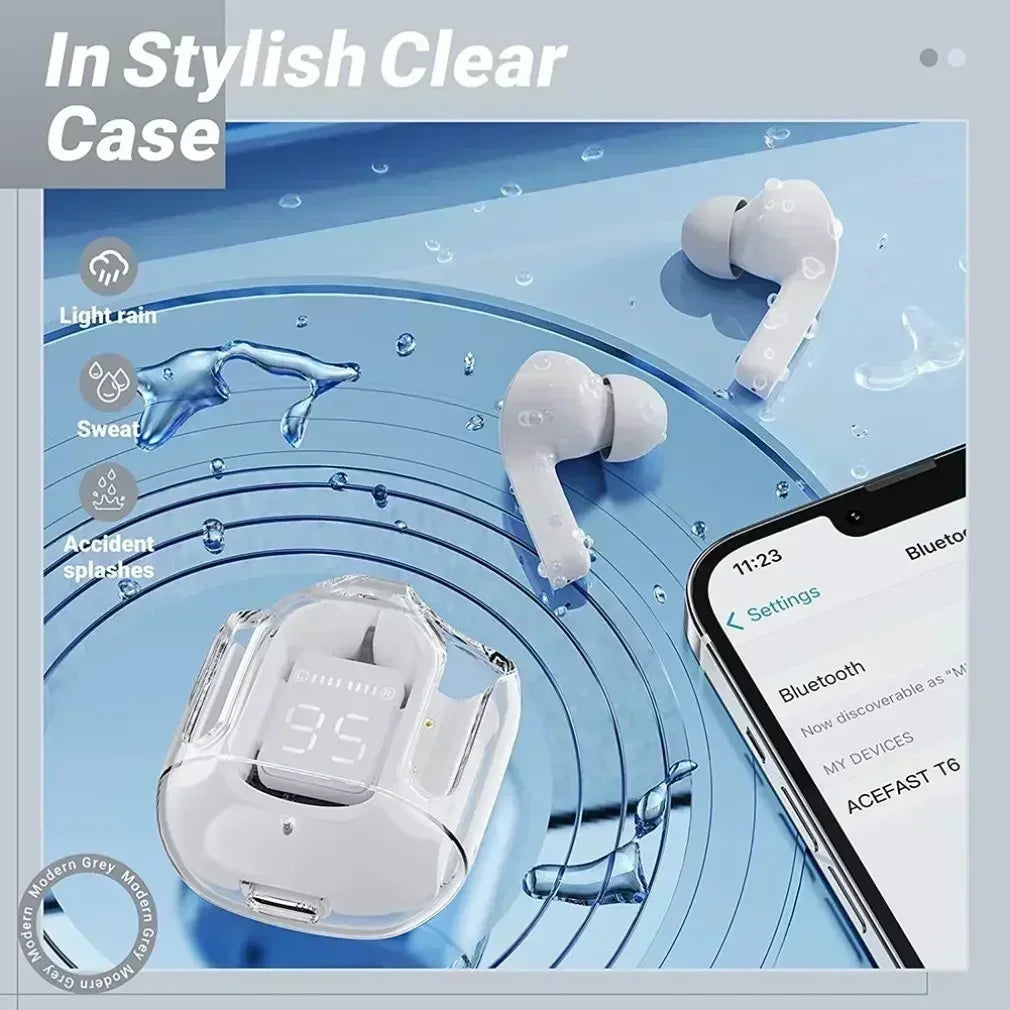 TWSHK3 Wireless Bluetooth Earphone Noise Canceling HiFi Stereo Sport Headphones with Digital Display Transparent Charging Case Beauty World Shop