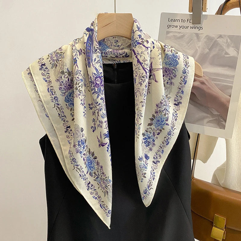 1PCS 70cm Leaf Pattern Silk Scarf for Women Simulated Silk Fresh and Versatile Headwear Bag Clothing Accessories Square Scarf Beauty World Shop