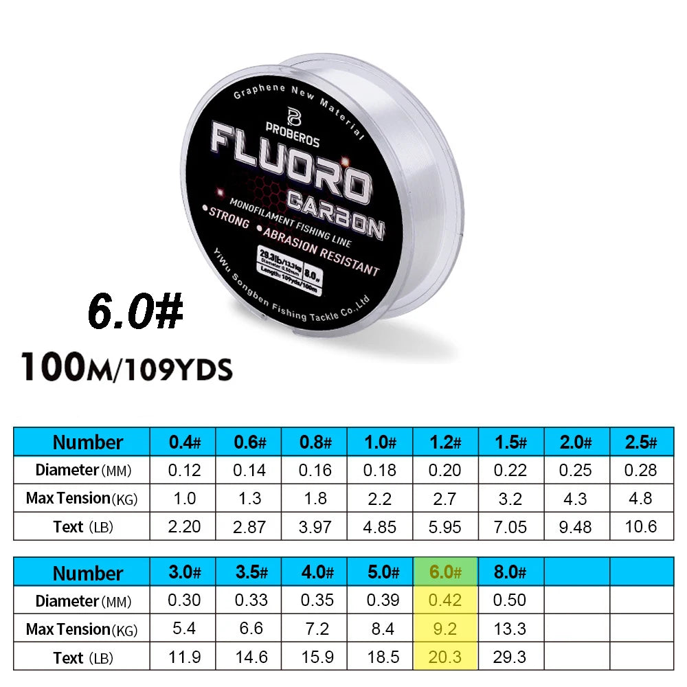 PROBEROS 100M Fluorocarbon Coating Fishing Line 2.2LB-29.3LB Carbon Fiber Monofilament Leader Line Carp Fishing Sinking Line Beauty World Shop