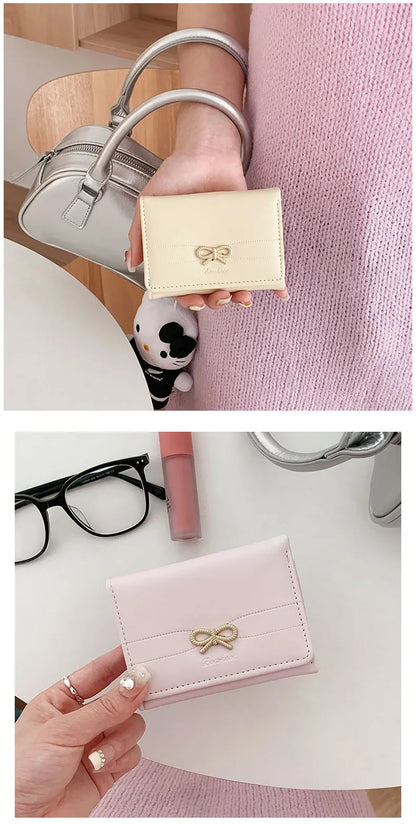 Fashion Wallets Girls Cute Bow Small Wallet Aesthetic Card Holder Classic Three Fold Purse For Women Student Simple Coin Pouch Beauty World Shop