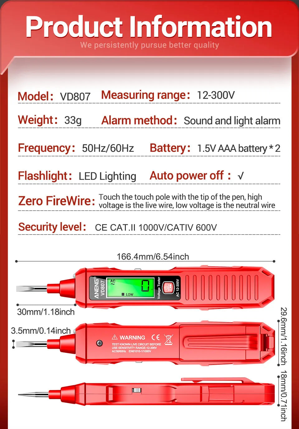 ANENG VD807 One-word Induction Portable 50/60Hz Smart Electric Pen Tester NCV Sensor AC 12-300V Non-contact Wire Detector Tools Beauty World Shop