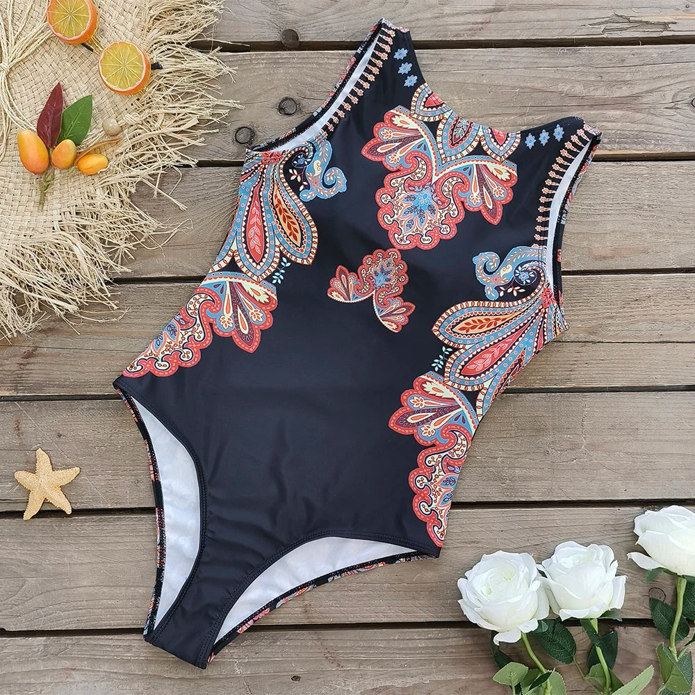 2026 New Printed One-piece Swimsuit Classic Printed Lace Up Swimsuit Women's Push Up Flower One-piece Suit Beach Wear For Female Beauty World Shop