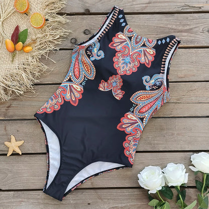 2026 New Printed One-piece Swimsuit Classic Printed Lace Up Swimsuit Women's Push Up Flower One-piece Suit Beach Wear For Female Beauty World Shop