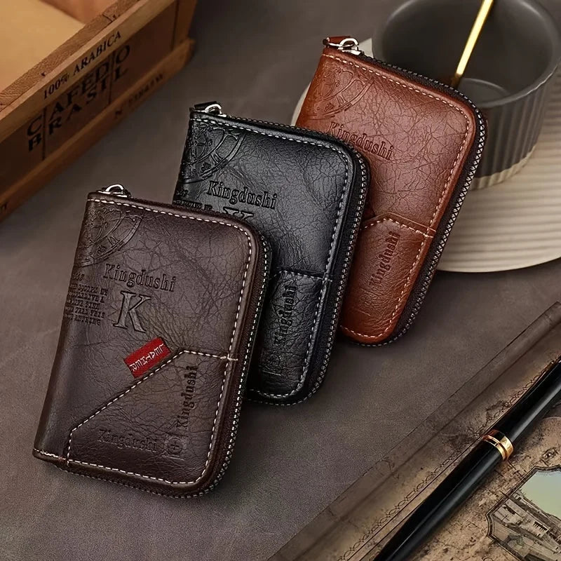 Vintage PU Leather Slim Wallet - Zipper RFID Blocking 11-Slot Card Holder, Retro Style Gift for Men & Women, Classic Design Beauty World Shop