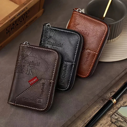 Vintage PU Leather Slim Wallet - Zipper RFID Blocking 11-Slot Card Holder, Retro Style Gift for Men & Women, Classic Design Beauty World Shop